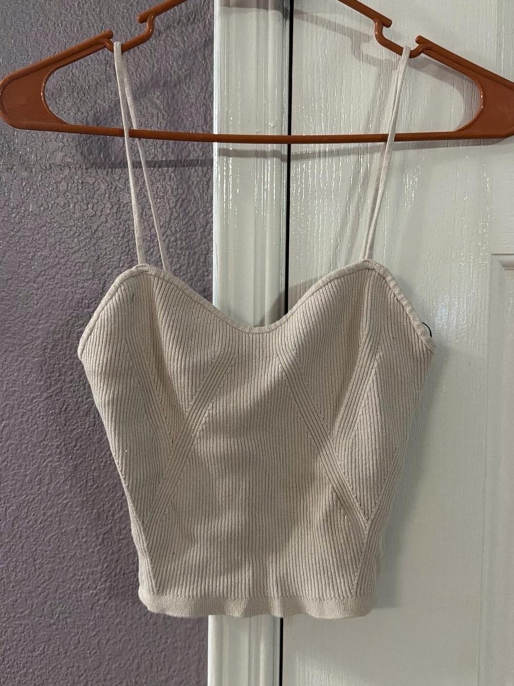 H&M Cream Ribbed Spaghetti-Strap Crop Cami